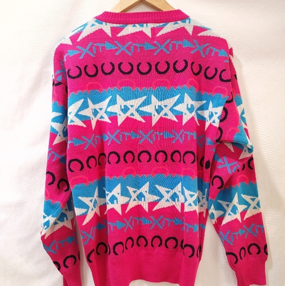 Summit‎ Country Vintage Sweater Wool Blend Pink Blue Western Star Neon Ski Large - Picture 3 of 7